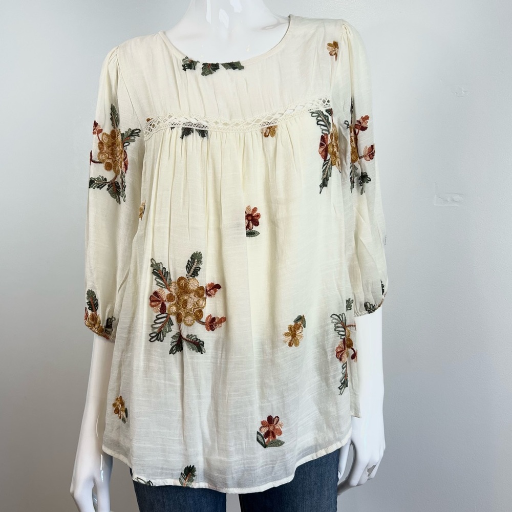 Anthropologie Fig and Flower 3/4 Sleeve Floral Embroidered Top L Boho Popover